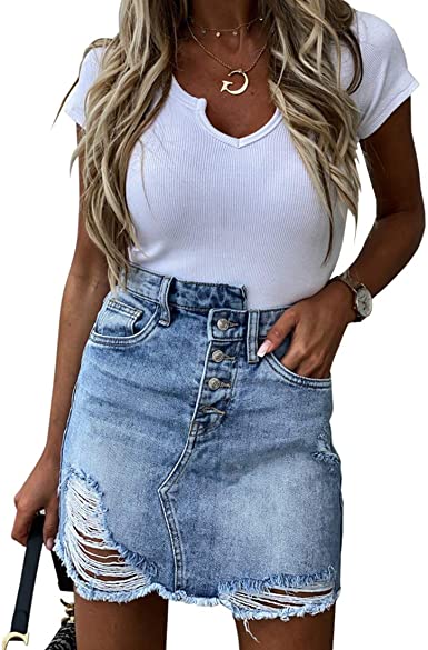 Photo 1 of VIENNAR Women Casual Irregular Mid Waisted Washed Frayed Pockets Denim Jean Short Skirt- MEDIUM
