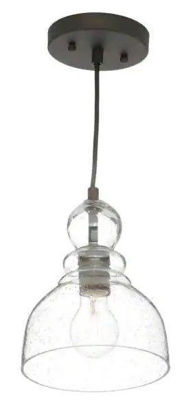 Photo 1 of 1-Light Oil Rubbed Bronze Adjustable Mini Pendant with Hand-Blown Clear Seeded Glass
