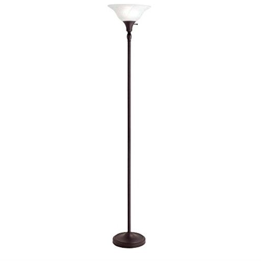 Photo 1 of 72 in. Bronze Torchiere Floor Lamp with Alabaster Glass Shade
