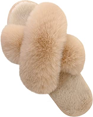 Photo 1 of Women's Cross Band Slippers Soft Plush Furry Cozy Open Toe House Shoes- SIZE: 5-6 WOMEN