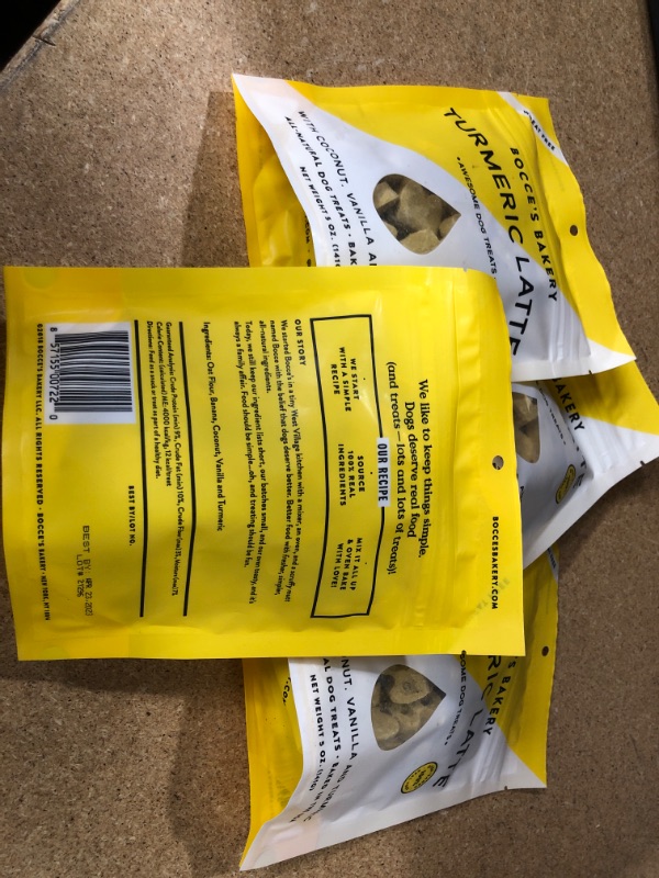 Photo 2 of ** EXP:APR 23 2023**  ** NON-REFUNDABLE**  ** SOLD AS IS**
** SETS OF 4**
Bocce's Bakery Oven Baked Turmeric Latte Treats for Dogs, Wheat-Free Everyday Dog Treats, Made with Real Ingredients, Baked in The USA, All-Natural Biscuits, Coconut, Vanilla, & Tur