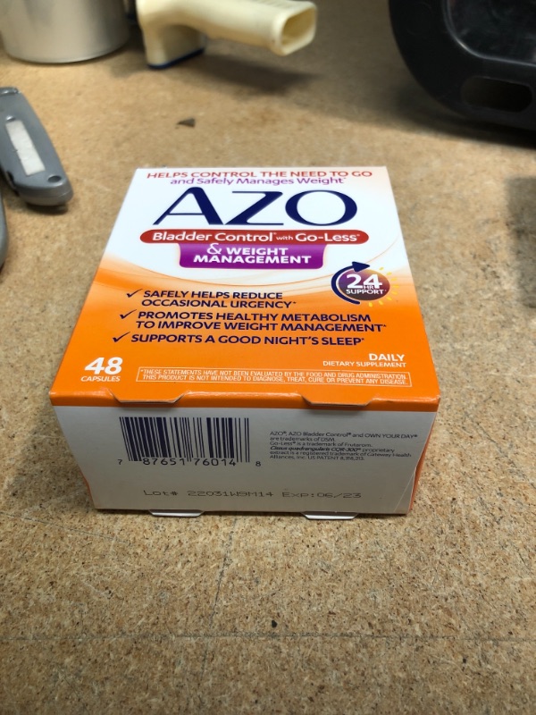 Photo 2 of ** EXP:06/23**  ** NON-REFUNDABLE**  ** SOLD AS IS**
AZO Bladder Control with Go-Less® & Weight Management Dietary Supplement | Helps Reduce Occasional Urgency* | Promotes Healthy Metabolism* | Supports a Good Night’s Sleep* | 48 Capsules
