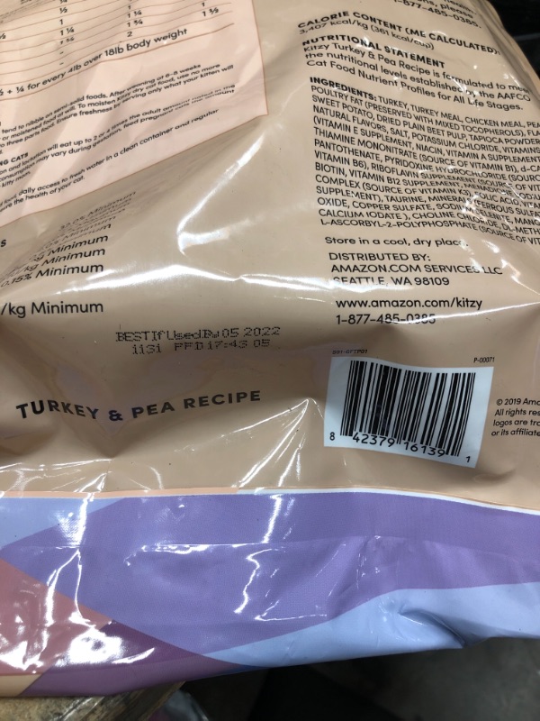 Photo 2 of ** EXP: 05/2022 ***  ** NON-REFUNDABLE**  ** SOLD AS IS**
Kitzy Dry Cat Food by Amazon, Turkey and Pea Recipe (12 lb bag)
