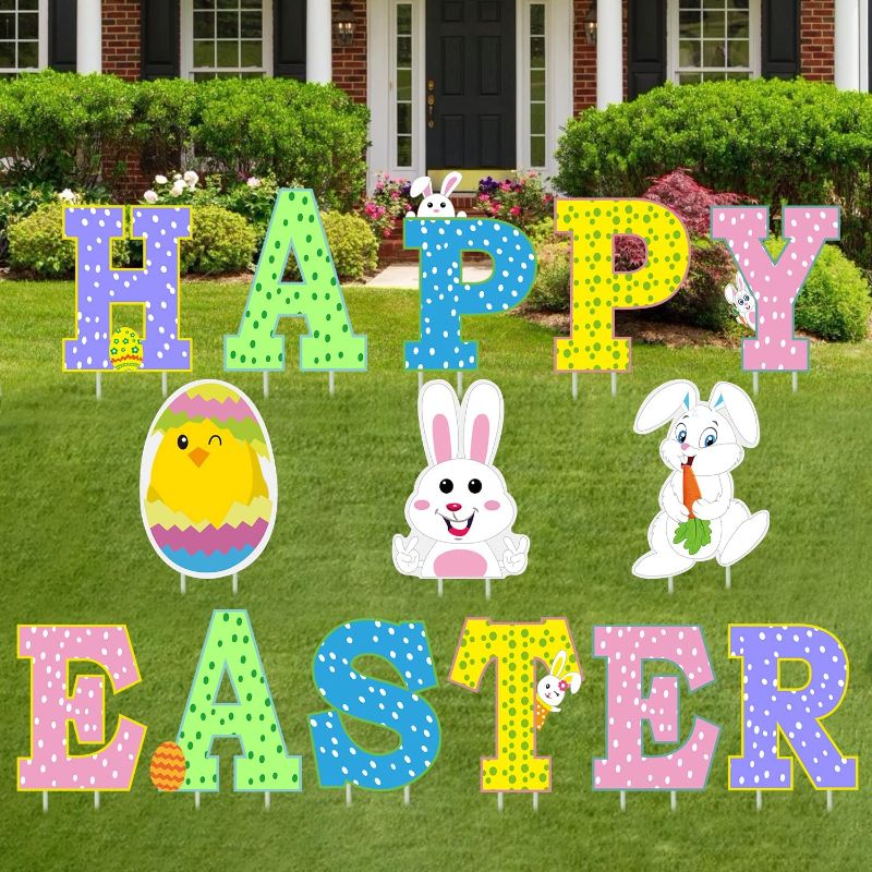 Photo 1 of 14Pcs Easter Yard Signs Outdoor Lawn Decorations - Happy Easter Yard Signs with Stakes - Easter Outdoor Decorations - Funny Bunny and Egg Corrugated Yard Signs Decor - Easter Outdoor Sign
