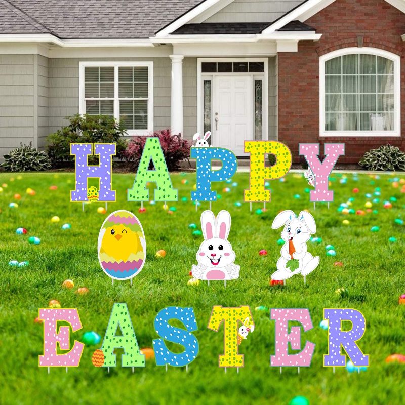 Photo 1 of 14Pcs Easter Yard Signs Outdoor Lawn Decorations - Happy Easter Yard Signs with Stakes - Easter Outdoor Decorations - Funny Bunny and Egg Corrugated Yard Signs Decor - Easter Outdoor Sign
