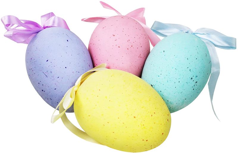 Photo 1 of 4 Pcs Large Foam Easter Egg Ornaments Decorative Pastel Speckled Easter Eggs with Bows Hanging Easter Tree Ornaments for Easter Tree Wreath Spring Home Indoor Decor Basket Filler Party Favor Gift
