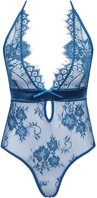 Photo 1 of Amorbella Womens Halter Eyelash Lace Teddy Lingerie Open Butt Bodysuit, M
