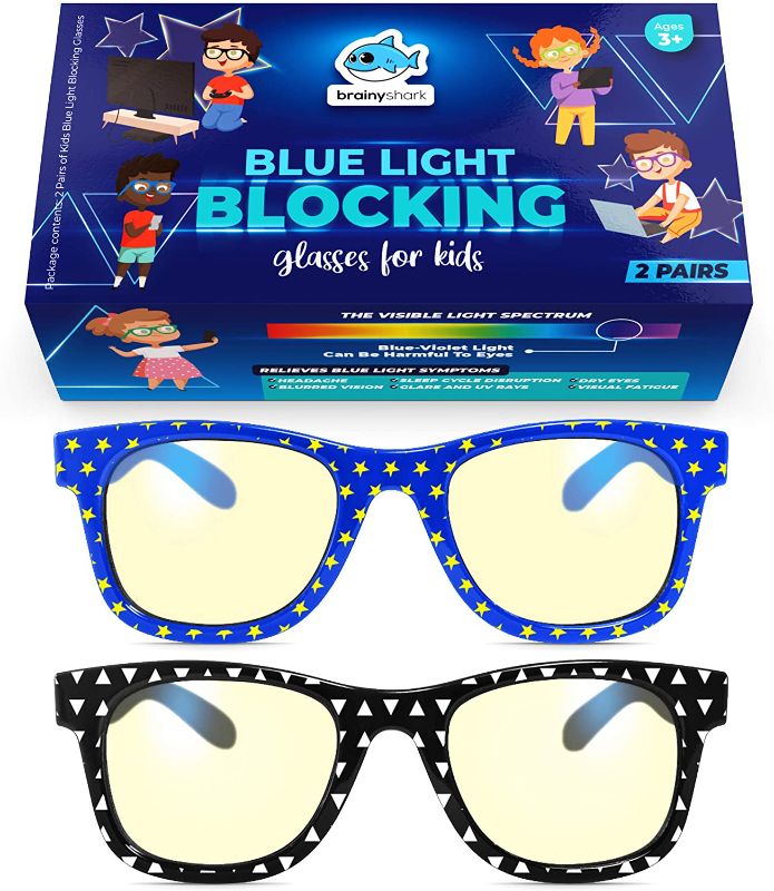 Photo 1 of Brainy Shark Kids Blue Light Blocking Glasses - 2-Pack Eyeglasses for Kids with Blue Light Filter