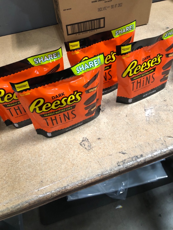 Photo 1 of *EXPIRES July 2022, NON REFUNDABLE* 
Reeses Dark Chocolate Peanut Butter Cups Thins Candy Bulk Pack of 4 Bags - 7.37 oz Per Bag - 29.48 oz Total of Individually Wrapped Dark Chocolate Peanut Butter Cups Thins in Share Pack
