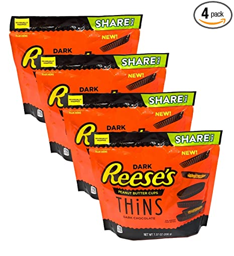 Photo 1 of *EXPIRES July 2022, NON REFUNDABLE* 
Reeses Dark Chocolate Peanut Butter Cups Thins Candy Bulk Pack of 4 Bags - 7.37 oz Per Bag - 29.48 oz Total of Individually Wrapped Dark Chocolate Peanut Butter Cups Thins in Share Pack
