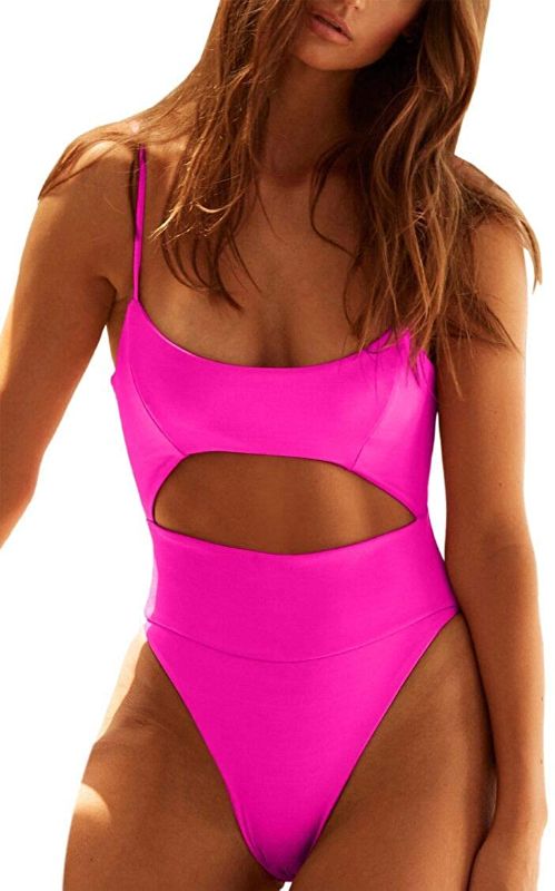 Photo 1 of QINSEN Womens Scoop Neck Cutout Front Ruched Back High Cut Monokini One Piece Swimsuit - Med