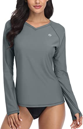 Photo 1 of ATTRACO Women Rash Guard Swim Shirt Long Sleeve Sun Protection Thumb Hole UPF 50 V Neck
