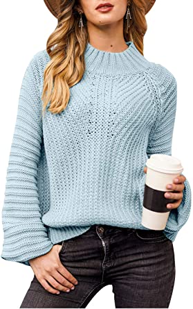 Photo 1 of BerryGo Chunky Cable Knit Sweaters Cropped Lantern Sleeve Oversized Loose Mock Neck Pullover Sweater- XL

