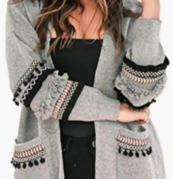 Photo 1 of BTFBM Lightweight Gray Open Cardigan - Ruffles, Pompoms, Embellishments (XL)