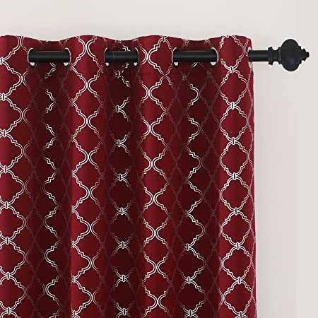 Photo 1 of BESPIN Moroccan Foil Print Blackout Window Curtains Thermal Insulated Grommet Room Darkening Curtains for Bedroom/Living Room 2 Panels (Burgundy Red, 52Wx84L)