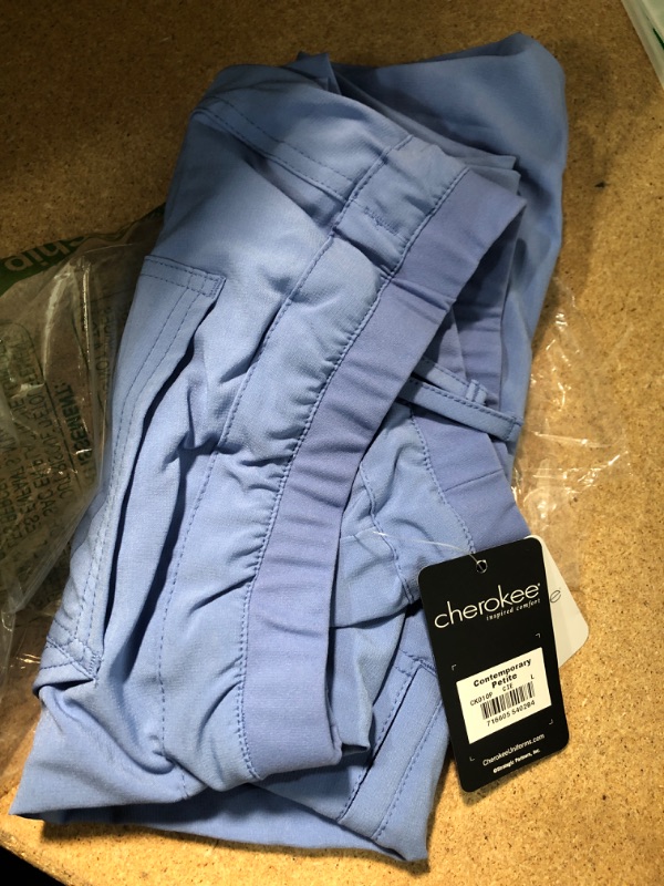 Photo 2 of Cherokee IFlex Scrubs Pant for Women Mid Rise Tapered Leg Drawstring CK010P L Petite Ciel Blue- LARGE 
