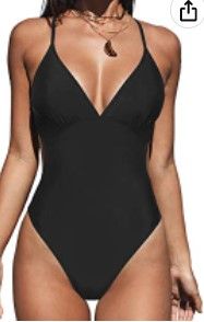 Photo 1 of Bikinishe Women Crisscross Back Ruched One Piece Swimsuit Cut Out V Neck High Cut Thin Straps Bathing Suit Large Black 