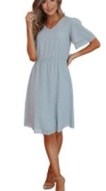 Photo 1 of Mikarose Women's Claire Modest V-Neck Tiered Flutter-Sleeve Chiffon Dress Powder Blue Large 