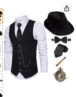 Photo 1 of 1920s Mens Costume Fedora Hat,Gatsby Gangster Vest,Vintage Pocket Watch,Pre Tied Bow Tie,Tie (SIZE L)