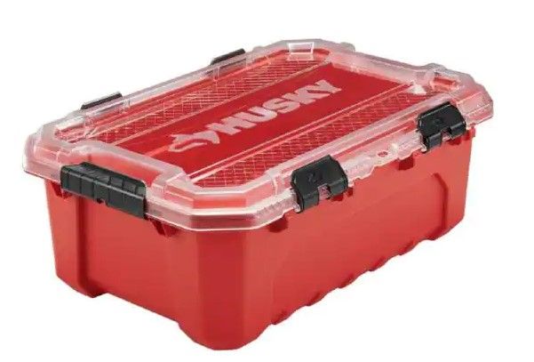 Photo 1 of 12-Gal. Professional Duty Waterproof Storage Container with Hinged Lid in Red
