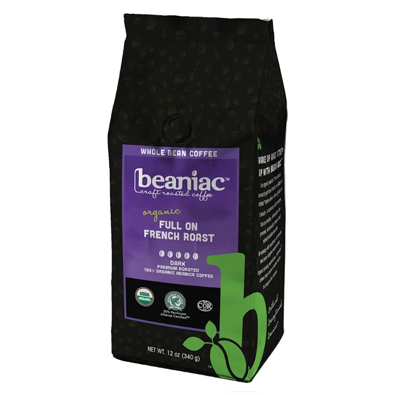 Photo 1 of **NO REFUNDS/RETURNS**- BB:06/10/2022*-two of beaniac Organic Full On French Roast, Dark Roast, Whole Bean Coffee, Rainforest Alliance Certified Organic Arabica Coffee, 12 Ounce Bag