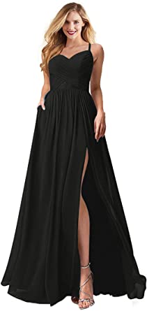 Photo 1 of aoyocobo Elegant Chiffon Pleats Sleeveless Bridesmaid Dresses with Slit A Line Long Formal Party Gown for Women - SIZE:10 
