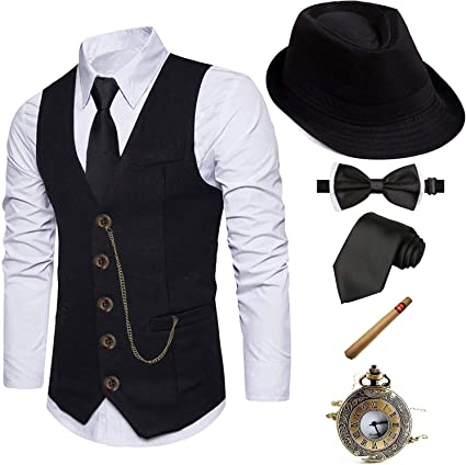 Photo 1 of 1920s Mens Costume Fedora Hat,Gatsby Gangster Vest,Vintage Pocket Watch,Pre Tied Bow Tie,Tie