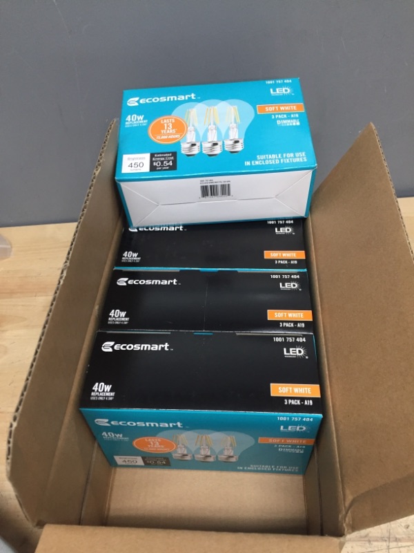 Photo 2 of 4 Packs of EcoSmart 40-Watt Equivalent A19 General Purpose Dimmable Clear Glass Filament Vintage Style LED Light Bulb Soft White 3 Light Bulbs Each Box