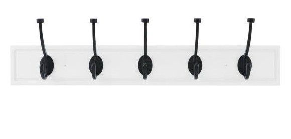 Photo 1 of 27 in. White Hook Rack with 5 Matte Black Pilltop Hooks (2-Pack)
