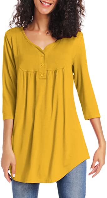 Photo 1 of Acloth Women's V Neck 3/4 Sleeve Flare Tunic Henley Pleated Button Up Work Shirts Office(Dark Yellow,L)
