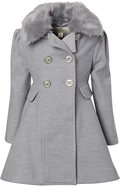 Photo 1 of Cremson Girls Wool Look Princess Winter Dress Pea Coat Jacket Faux Fur Collar - Gray - 6
