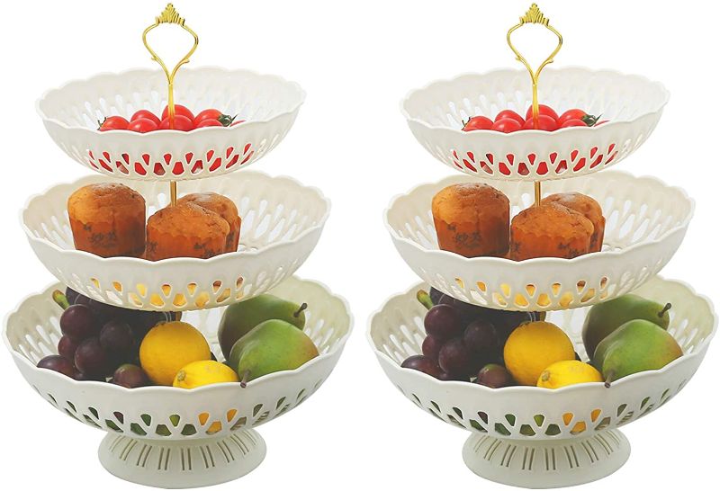 Photo 1 of 2 Pack Plastic Fruit Basket Stand,Fruit Baskets with Hardware Crown Fitting?Creative Modern White Nordic Style 3 Tierd Fruit Bowl Modern for Home Living Room Kitchen
