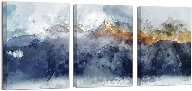 Photo 1 of Abstract Canvas Wall Art for Living Room Navy Blue Mountains Theme Painting Picture Artworks for Wall Decor Modern Framed Wall Decoration for Bedroom Bathroom Home Office Decor Size 12x16x3 Panels
