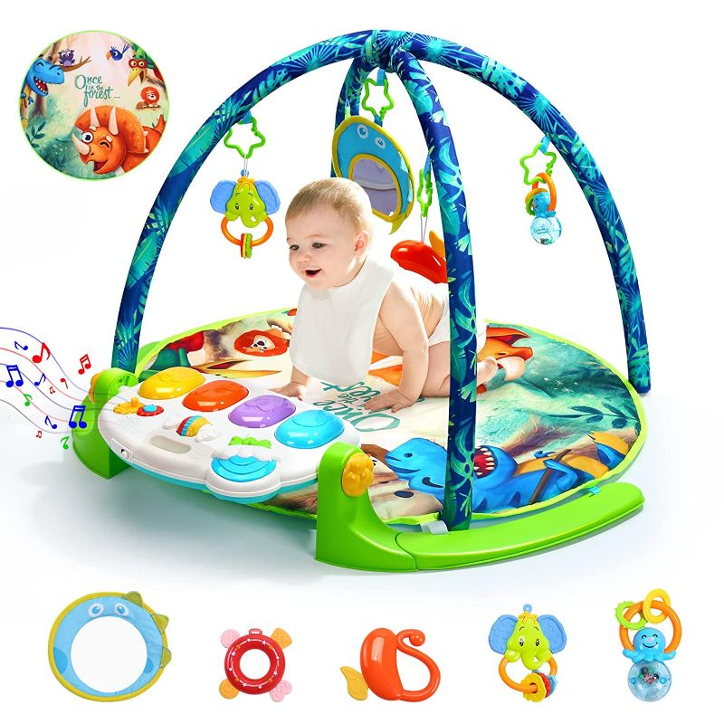 Photo 1 of HOLYFUN Baby Gym Play Mat, Kick and Play Piano Gym with 5 Sensory Teether Toys, Multifunctional Tummy Time Round Playmats, Musical Activity Center Early Development Gift for Newborn Infants Toddlers
