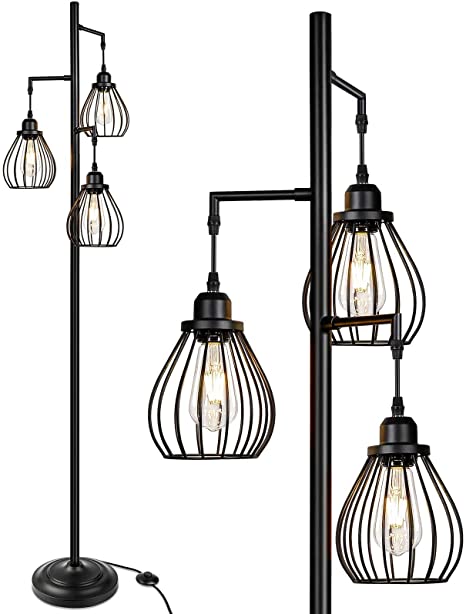 Photo 1 of Lakumu Industrial Floor Lamp for Living Room, Tree Floor Lamp with 3 Elegant Teardrop Cage Heads & ST58 Edison LED Bulbs, Sturdy Base Tall Vintage Pole Light Great for Farmhouse Rustic Bedroom Office
