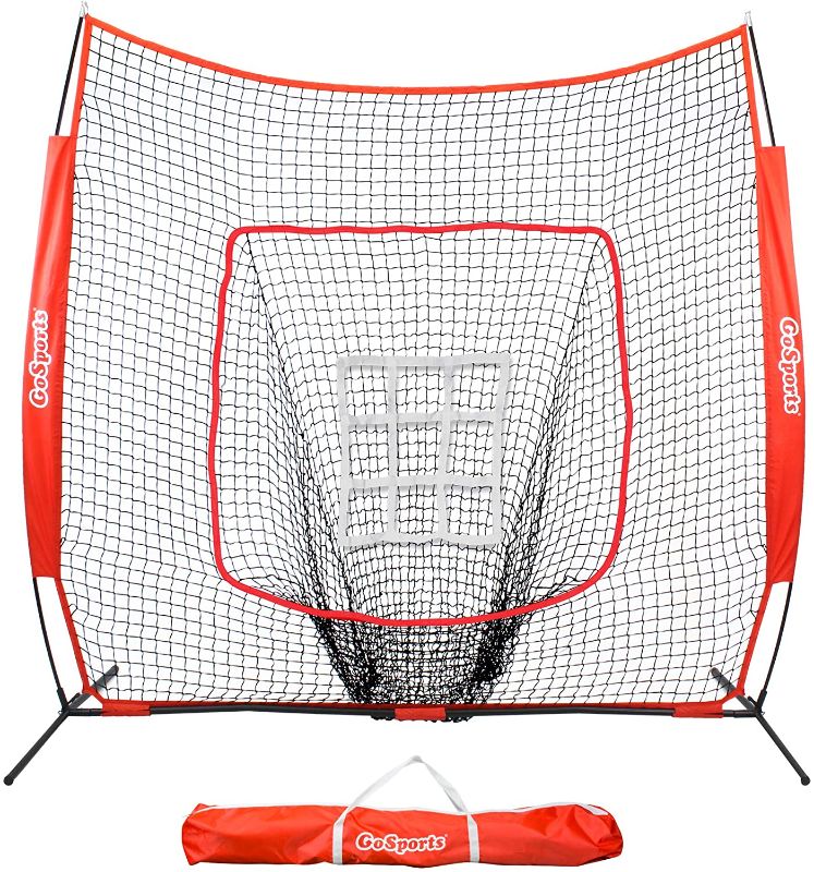 Photo 1 of (Major Use) GoSports 7'x7' Baseball & Softball Practice Hitting & Pitching Net with Bow Frame, Carry Bag and Bonus Strike Zone, Great for All Skill Levels
