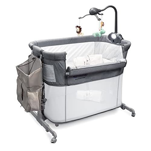 Photo 1 of 4in1 Bedside Bassinet for Baby Girl or Boy, Converts to a Crib and Playpen Usable up to 12 Months Old, Large Diaper Caddy, 4 Sheets, Crib Mobile, and 4 Spinner Wheels by OPTIMISK