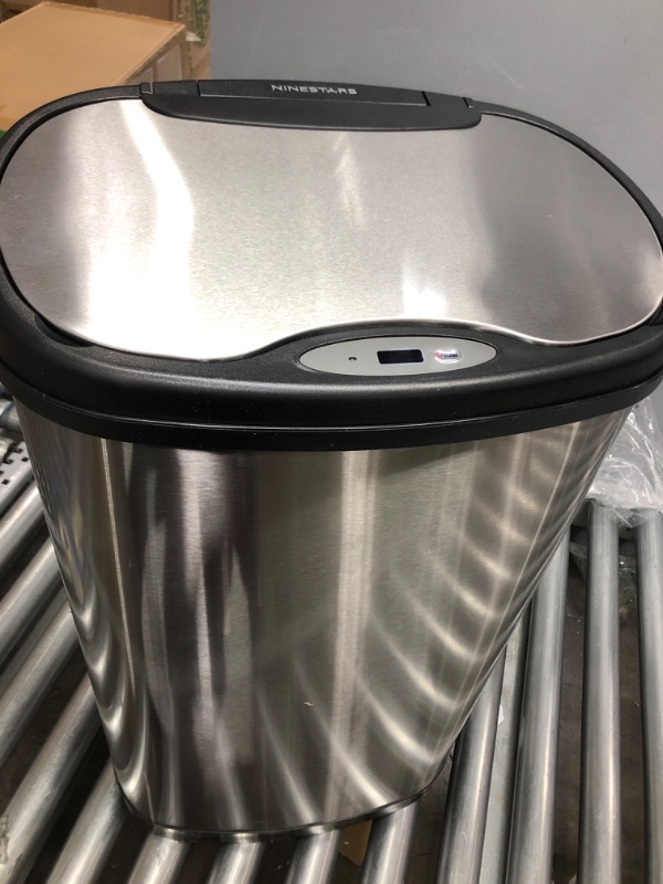 Photo 1 of Ninestars DZT-50-13 Automatic Touchless Motion Sensor Oval Trash Can with Black Top, 13 gallon/50 L, Stainless Steel