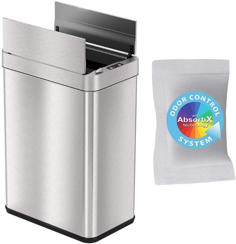 Photo 1 of iTouchless Wings-Open Sensor Trash Can with AbsorbX Odor Filter and Pet-Proof Lid, Stainless Steel, 13 Gallon