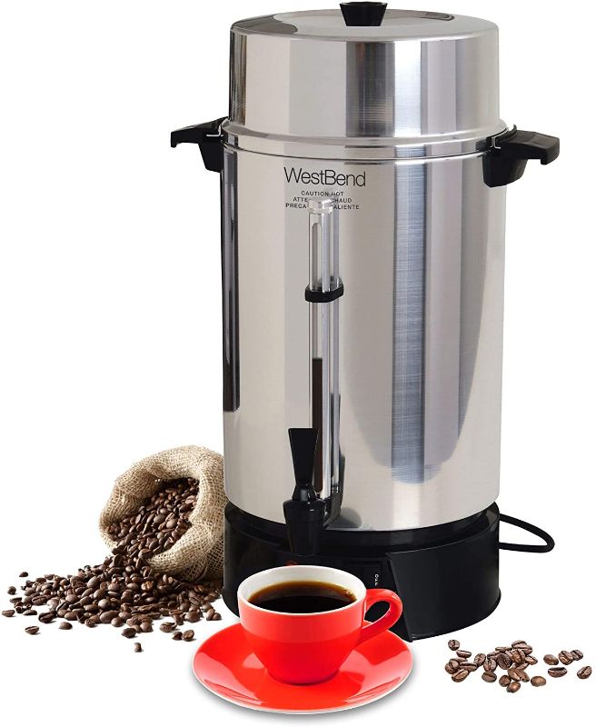 Photo 1 of West Bend 33600 Coffee Urn Commercial Highly-Polished Aluminum NSF Approved Features Automatic Temperature Control Large Capacity with Fast Brewing and Easy Clean Up, 100-Cup, Silver
