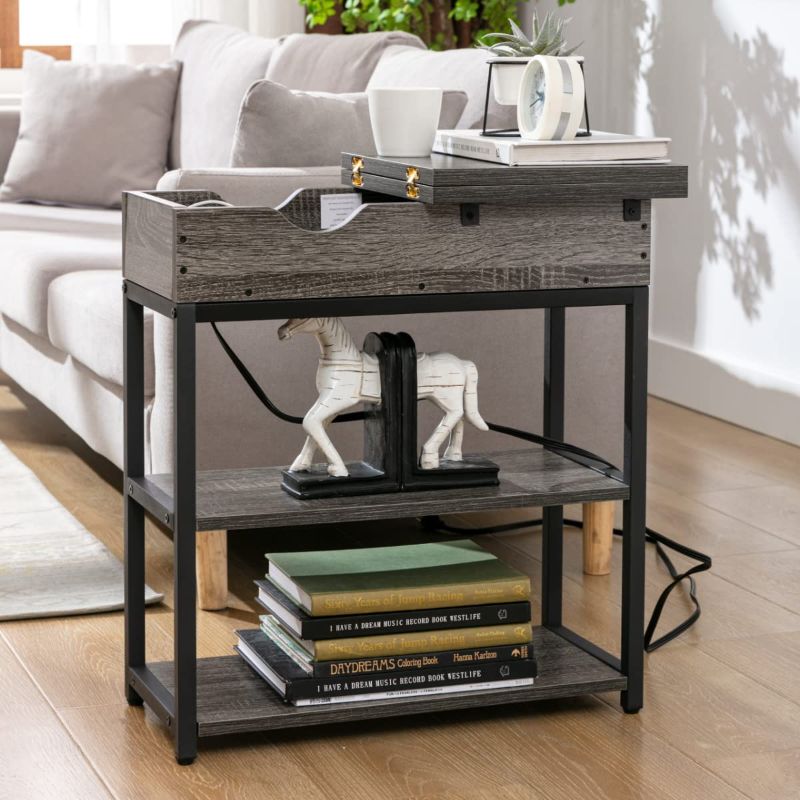 Photo 1 of AUXSOUL End Table with Charging Station, Flip Top Side Table with USB Ports & Power Outlets for Small Spaces, Nightstand with Storage Shelf for Living Room, Bedroom, Grey
