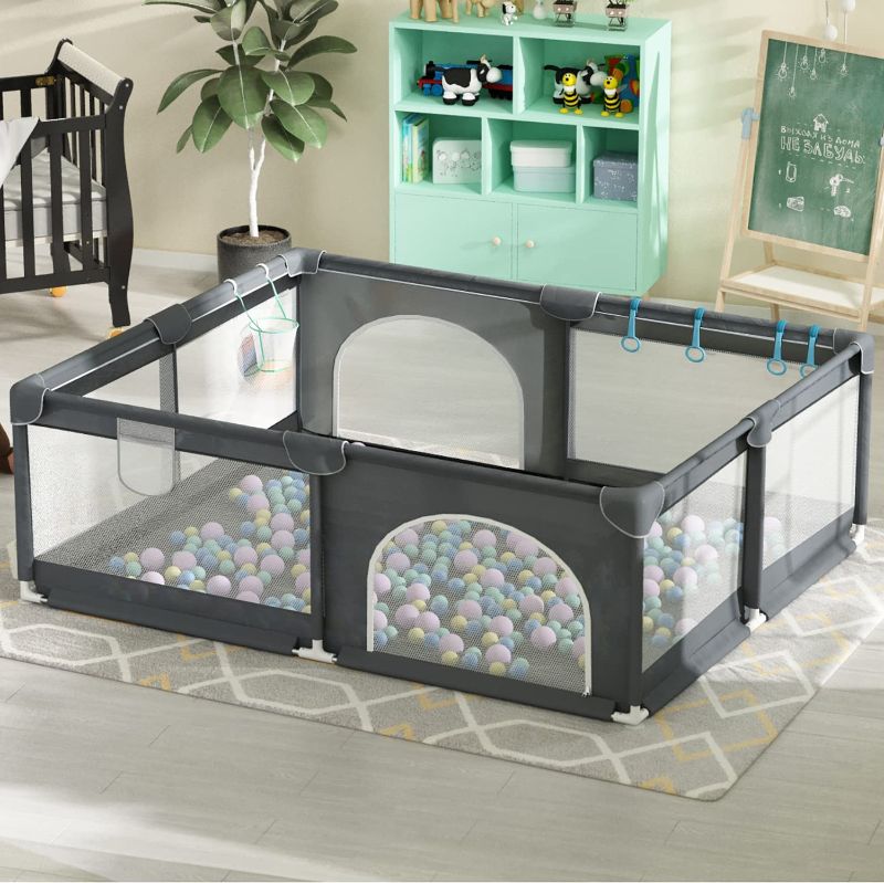 Photo 1 of Baby Playpen 6.6 x 5.2FT Large Kids Activity Centre Safety Play Yard Home Indoor Outdoor Baby Fence with 2 Gates, 50 Balls, 4 Ring-pulls, 1 Basketry & Storage Bag for Baby Toddlers Grey
