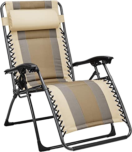 Photo 1 of Amazon Basics Outdoor Padded Adjustable Zero Gravity Folding Reclining Lounge Chair with Pillow - Beige
