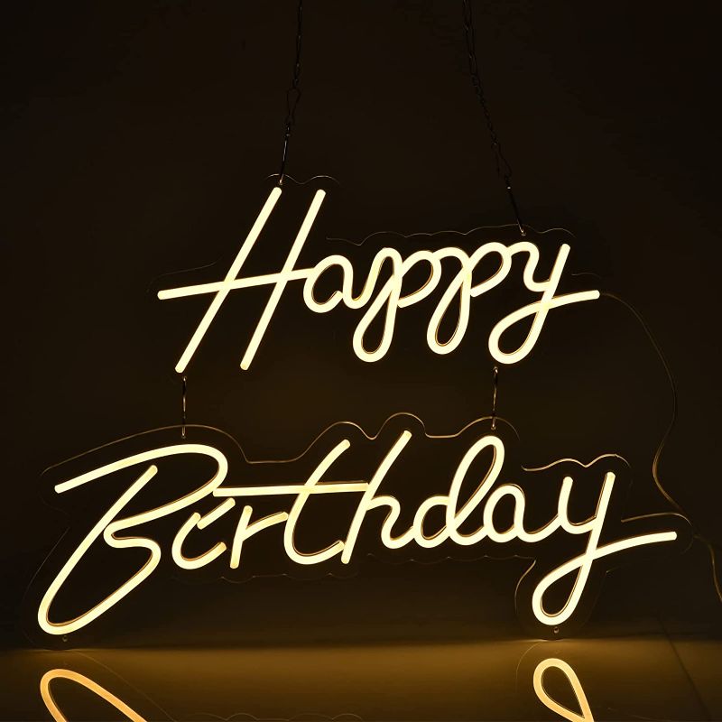 Photo 1 of Happy Birthday Neon Sign for Wall Decor, with Dimmable Switch, Reusable Happy Birthday Neon Light Sign for All Birthday Party Decoration, Size-Happy 16 x 8inch, Birthday 23 X 8inch (Warm White)
