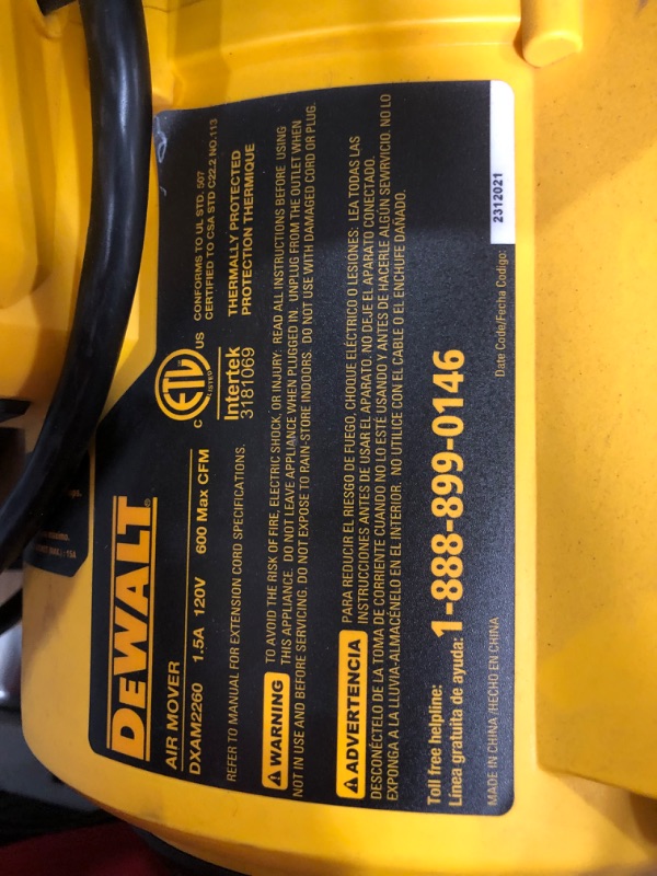 Photo 3 of ***SEE NOTE*** DEWALT DXAM-2260 Portable Air Mover/Floor Dryer, 600 Cfm