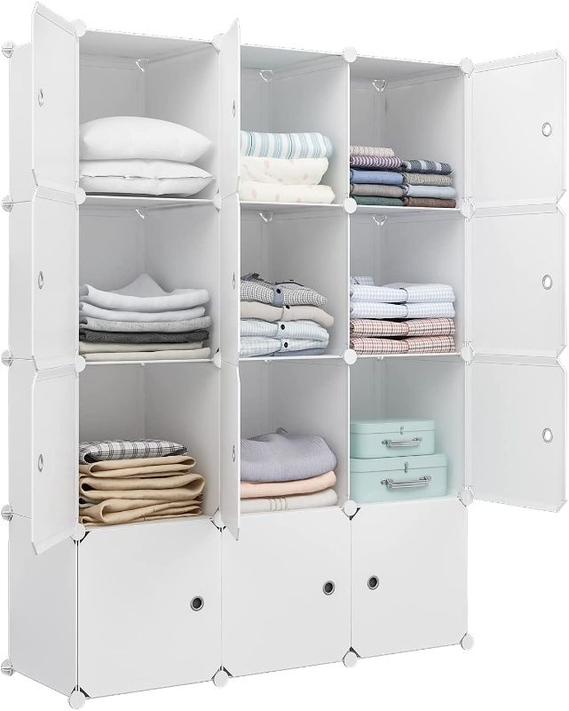 Photo 1 of Aeitc Large Storage Cubes- 14''x 18'' Cube(12 Cube)-Clothes Organizer, DIY Cube Organizer, Closet Organizer with Doors, Modular Bookshelf Units, Toy Organizer, White
