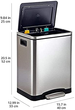 Photo 1 of Amazon Basics 30L Dual Bin Soft-Close Trash can with Foot Pedal - 2 x 15 Liter Bins, Stainless Steel
