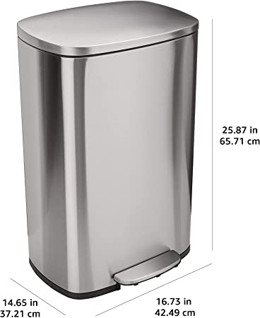 Photo 1 of Amazon Basics 50 Liter / 13.2 Gallon Soft-Close, Smudge Resistant Trash Can with Foot Pedal - Brushed Stainless Steel, Satin Nickel Finish
