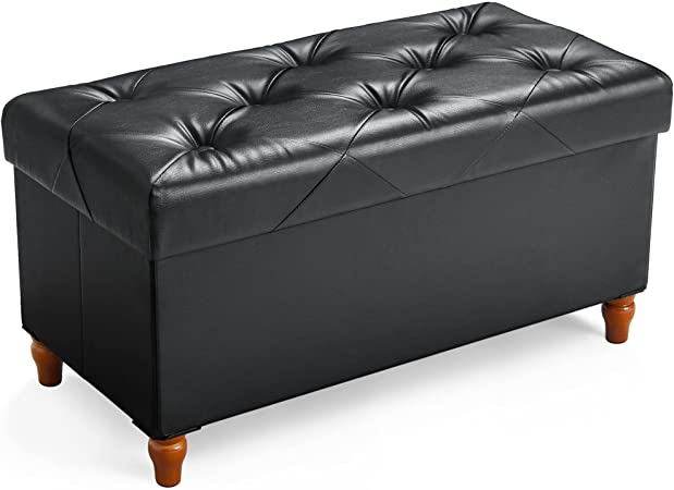 Photo 1 of 30 Inches Folding Storage Ottoman Bench with Wooden Legs, Memory Foam, Faux Leather Ottoman with Storage, Load 350lbs, Storage Bench for Bedroom, Living Room & Hallway, Foot Rest, Black (30" L x 15" W x 15" H)
