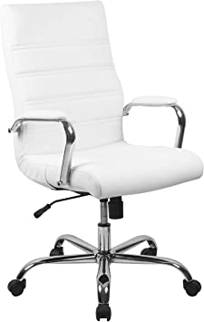 Photo 1 of Flash Furniture High Back Desk Chair - White LeatherSoft Executive Swivel Office Chair with Chrome Frame - Swivel Arm Chair
